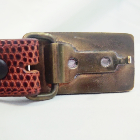 Vintage Mid-Century Modern Brown Lizard Belt with Wood & Bronze Inlay Buckle - Picture 7 of 8